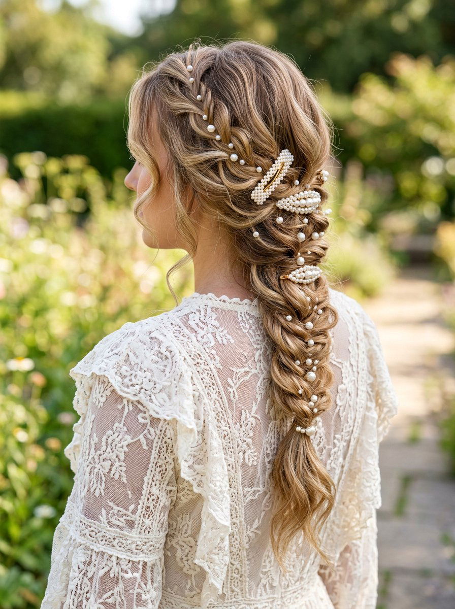 Boho Braid Pearl Clips - 20 wedding hairstyles with pearl clips - 20 wedding hairstyles with pearl clips