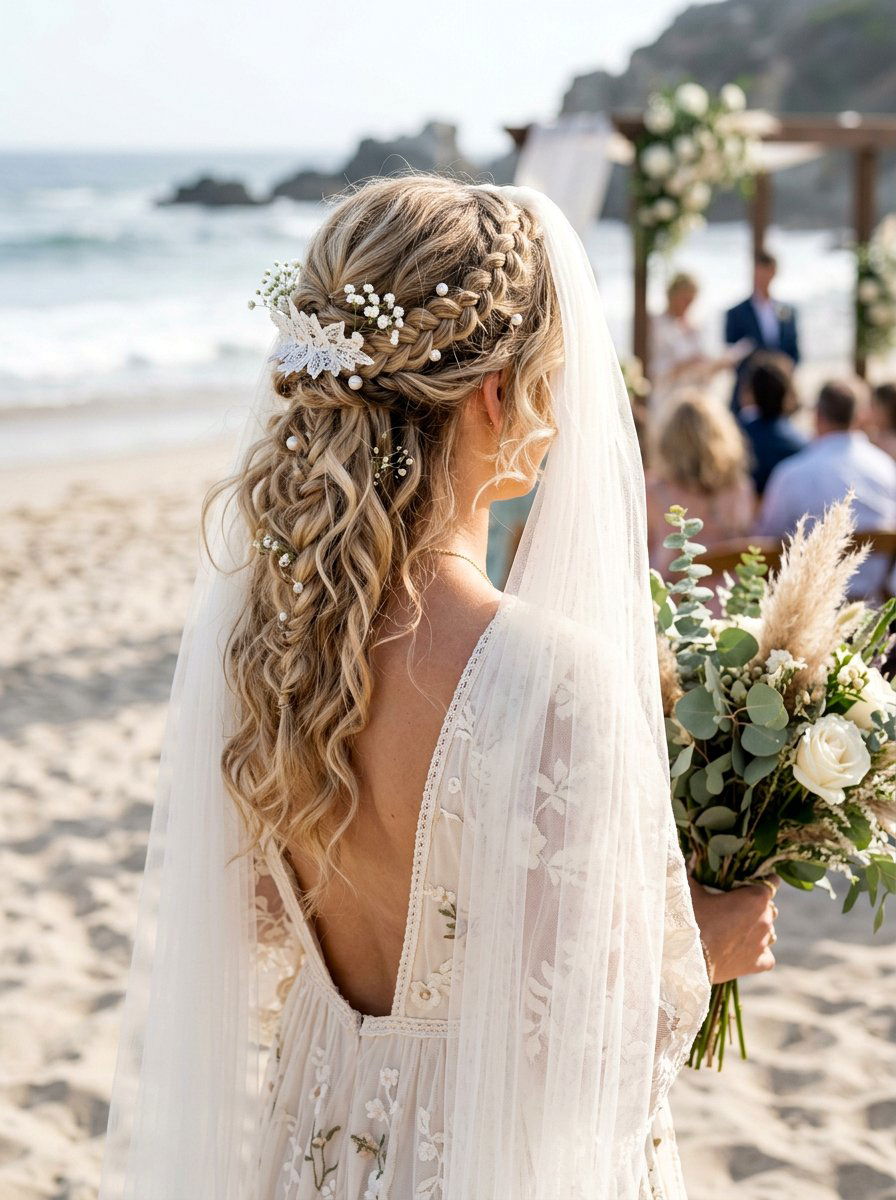 Boho Braid Soft Curls Veil - 20 wedding hairstyles with soft curls and veil - 20 wedding hairstyles with soft curls and veil