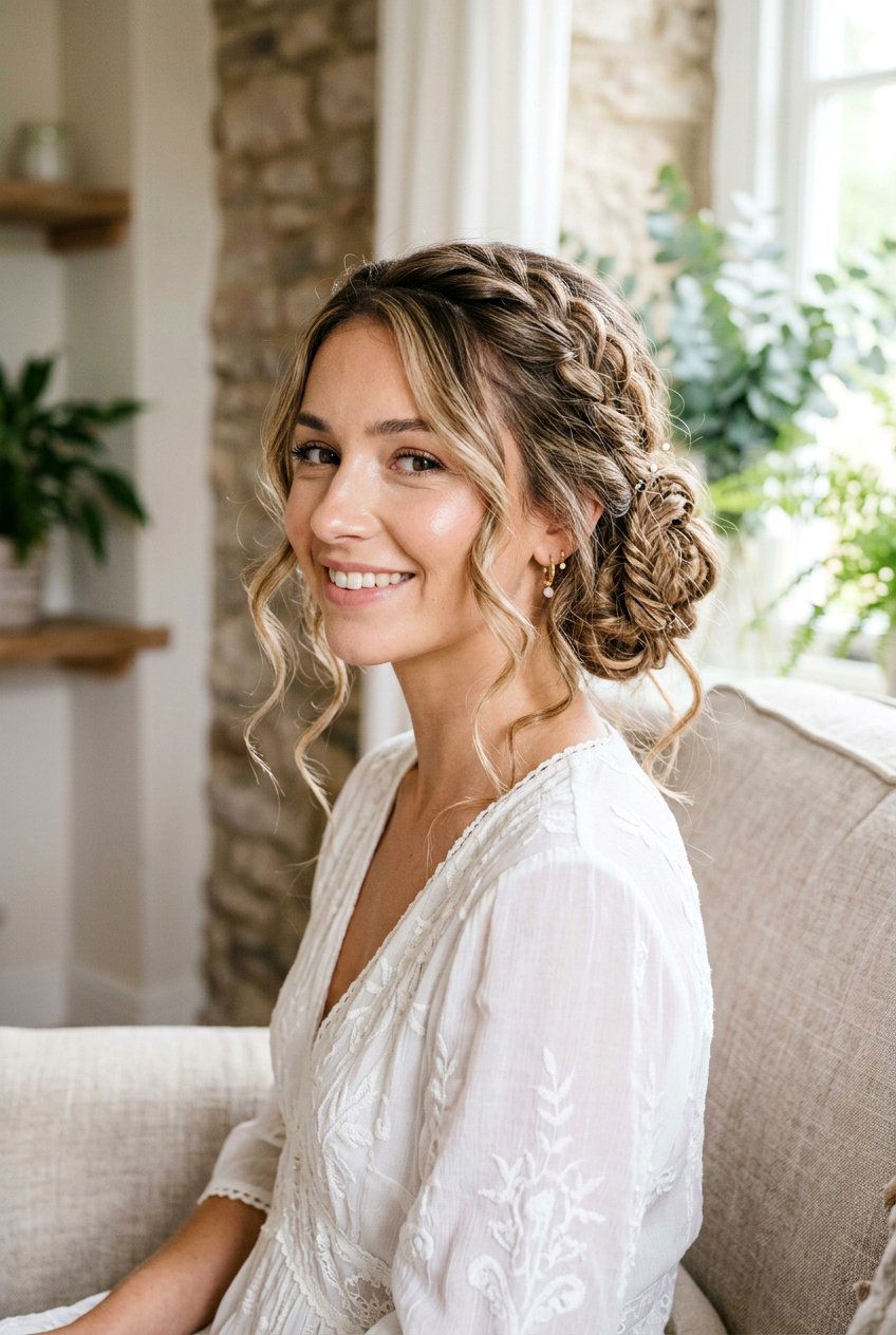 Boho Braid Updo With Loose Tendrils - 20 bridal hairstyle for boho braid updo - 20 bridal hairstyle for boho braid updo