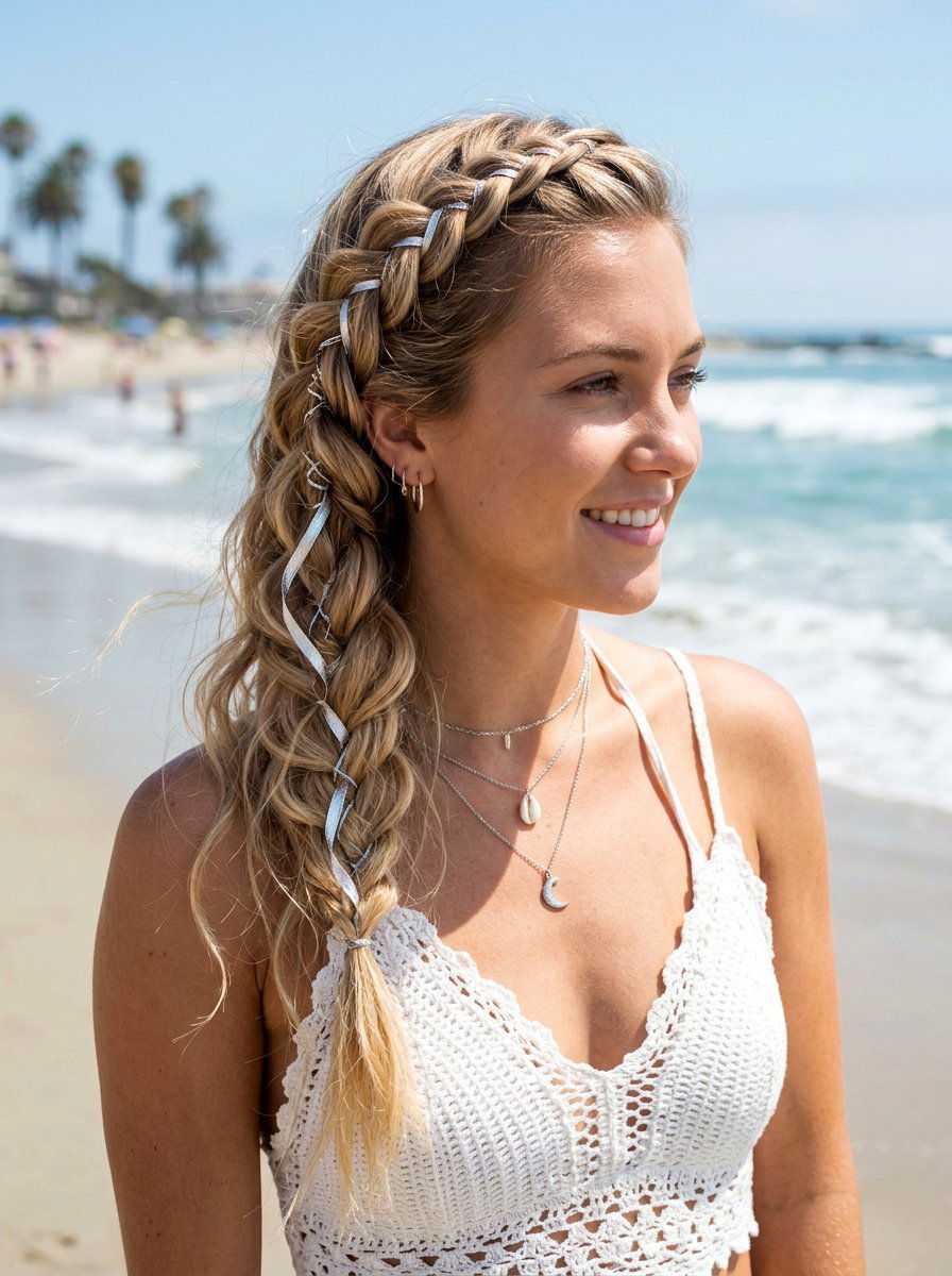 Boho Braid With Silver Ribbon - 20 silver ribbons for shoulder length hair - 20 silver ribbons for shoulder length hair