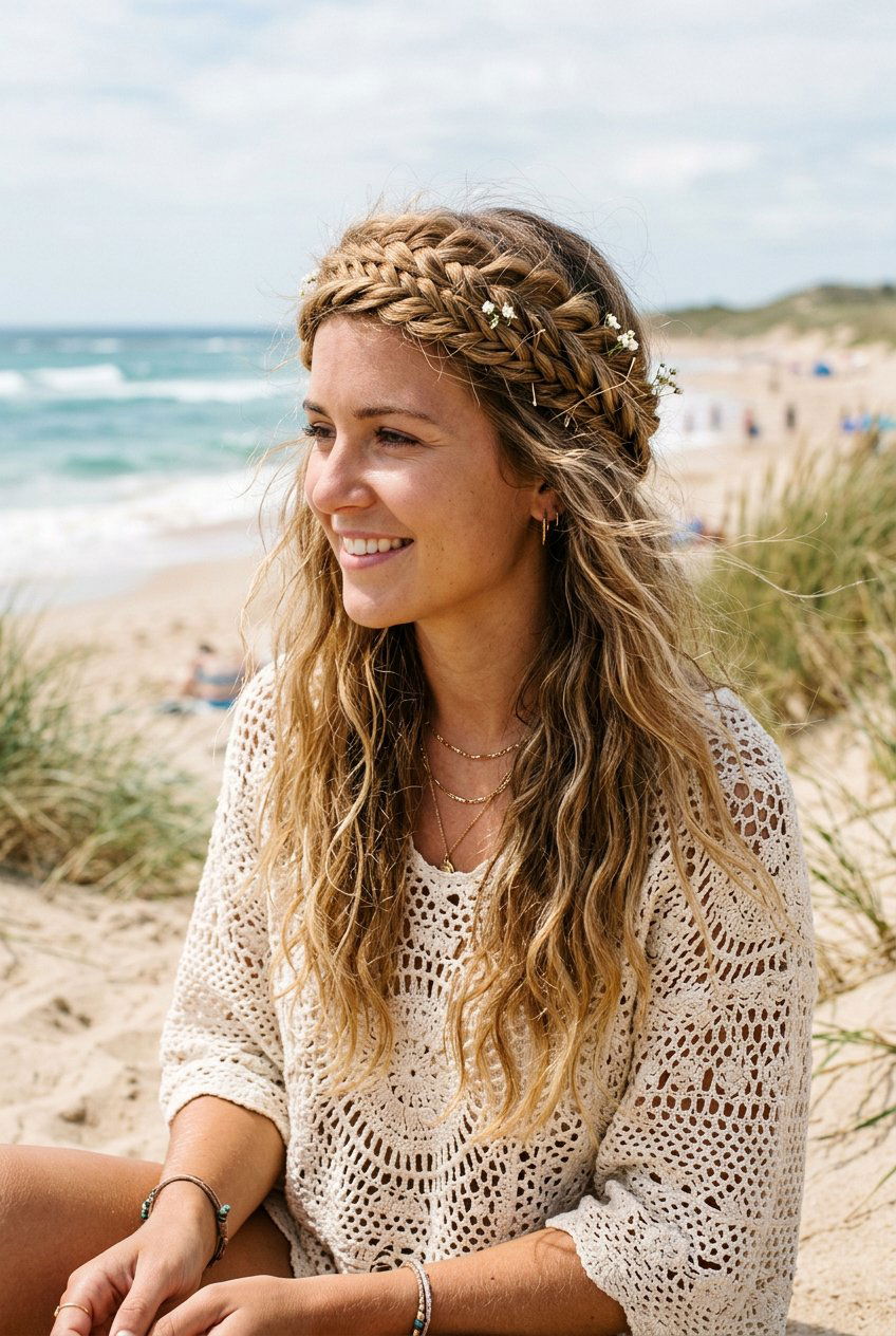Boho Braided Crown Beach Hair - 20 beach hairstyle with braided crown - 20 beach hairstyle with braided crown