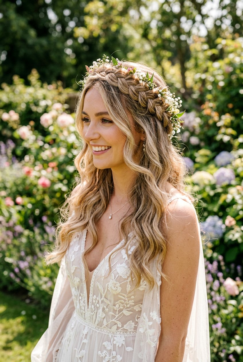Boho Braided Crown With Loose Waves - 20 braided crown for brides - 20 braided crown for brides