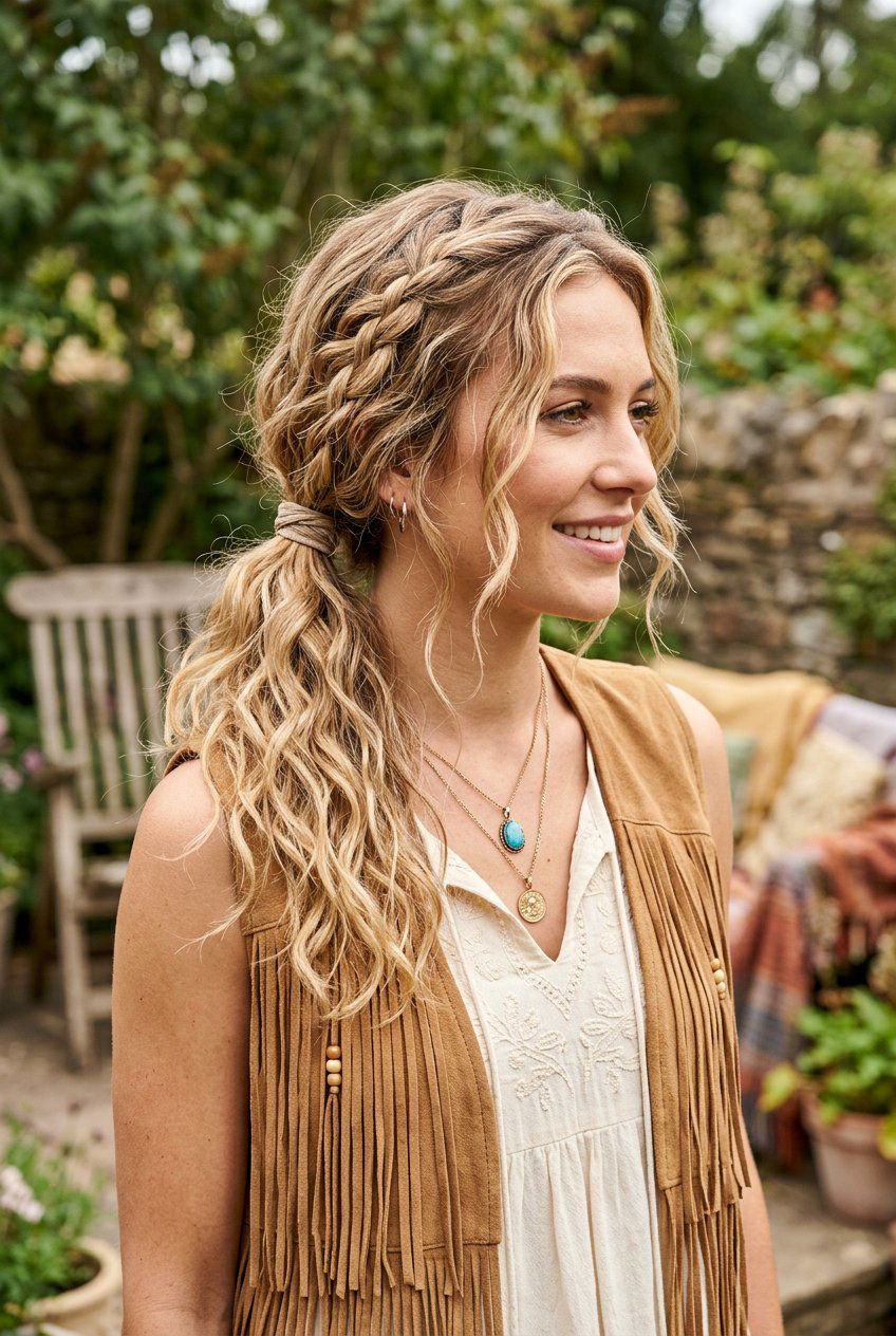Boho Braided Low Ponytail With Relaxed Waves - 20 braided low ponytail with waves - 20 braided low ponytail with waves
