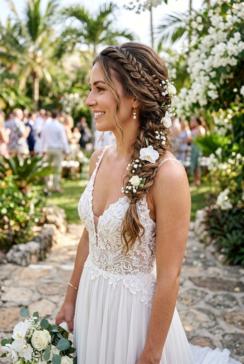 Boho Braided Side Pony With Flowers - 20 tropical ponytail hairstyle with curls - 20 tropical ponytail hairstyle with curls