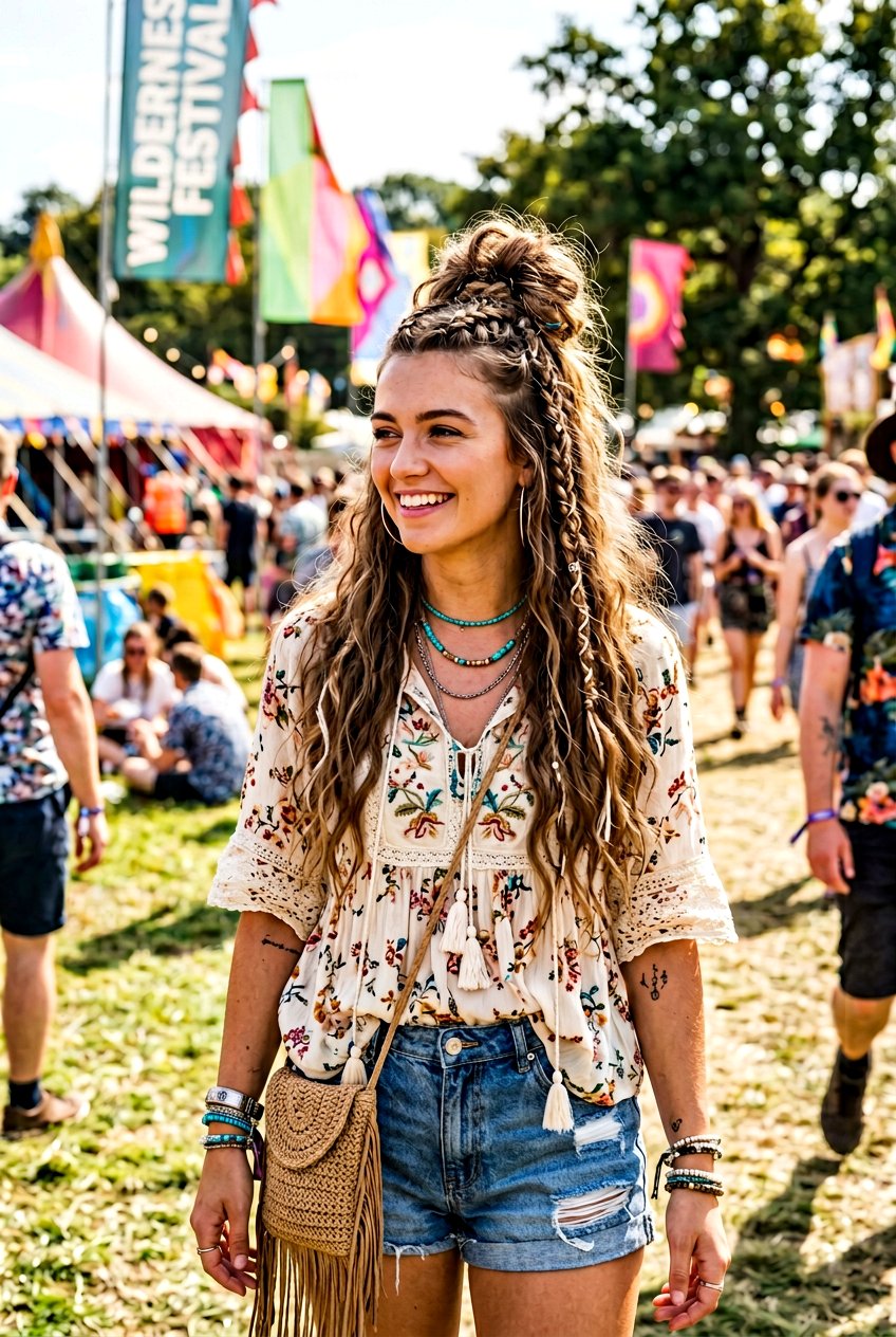 Boho Braids Top Knot With Loose Waves - 20 braided top knot hairstyle - 20 braided top knot hairstyle