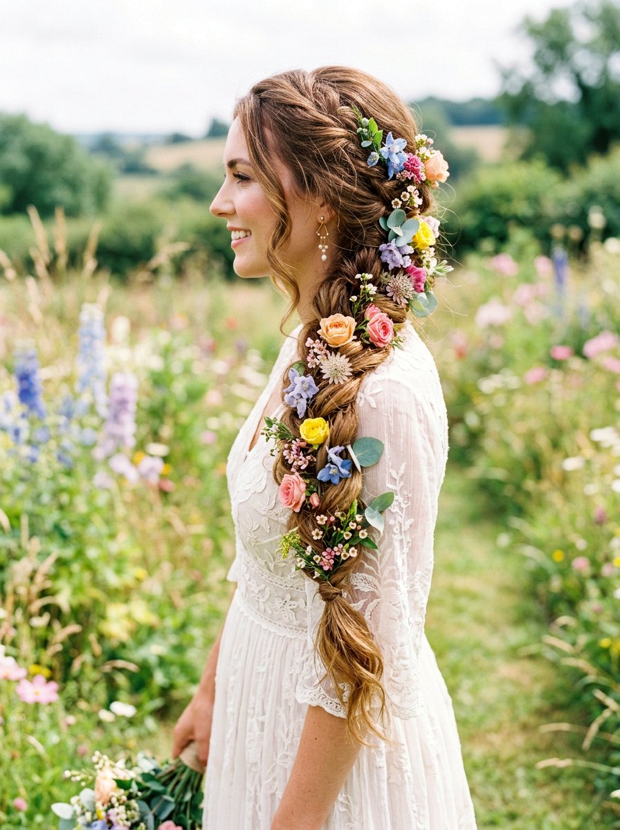 Boho Bridal Braid With Flowers - 20 glamorous bridal hairstyle ideas - 20 glamorous bridal hairstyle ideas