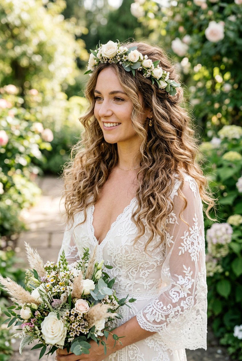 Boho Bridal Curls With Floral Tiara - 20 bridal curls with tiara - 20 bridal curls with tiara