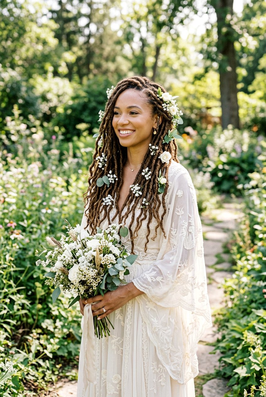 Boho Bridal Locs With Flowers - 20 bridal loc styles - 20 bridal loc styles
