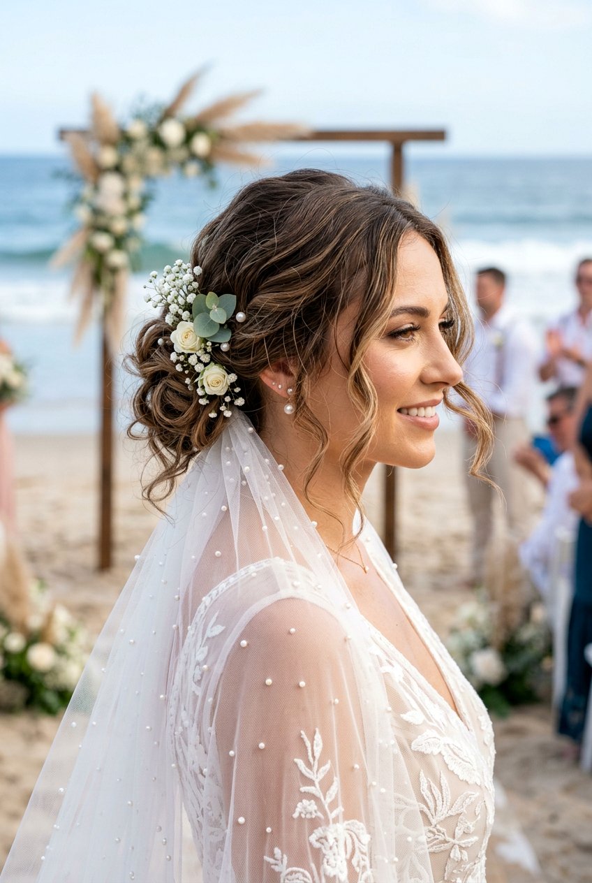 Boho Bridal Low Bun With Pearl Veil - 20 bridal low bun with pearl veil - 20 bridal low bun with pearl veil