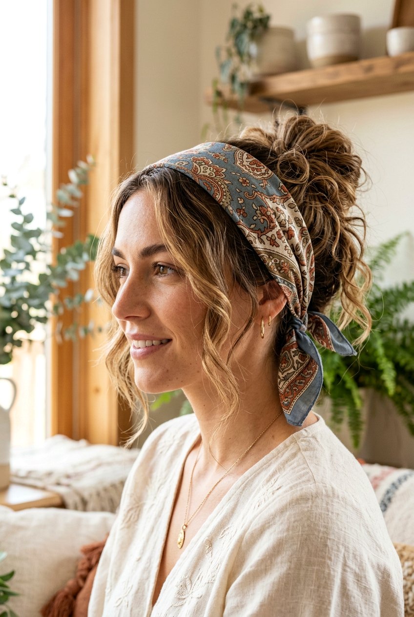 Boho Bun With Bandana - 20 bandana bun hairstyle - 20 bandana bun hairstyle