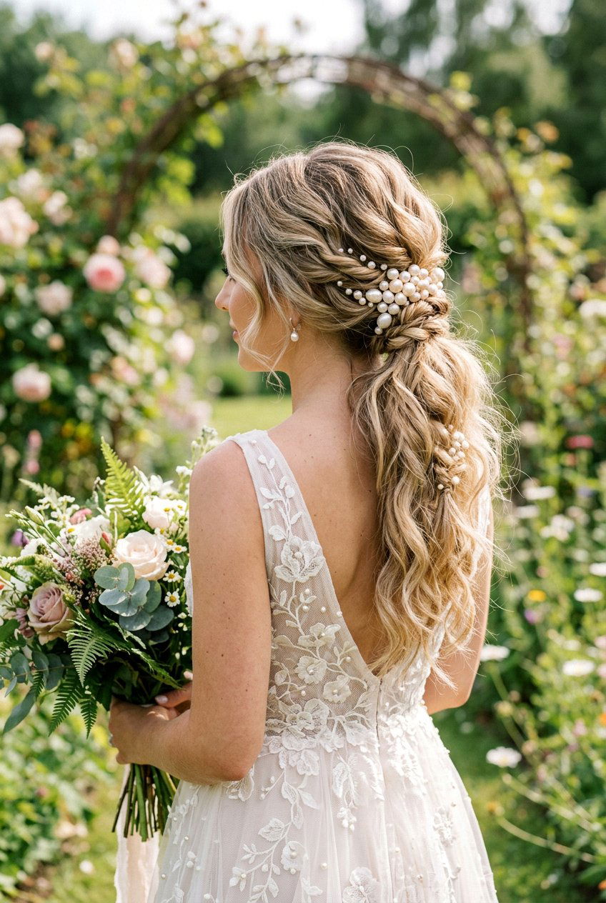 Boho Chic Bridal Ponytail - 20 bridal ponytail with pearl pins - 20 bridal ponytail with pearl pins