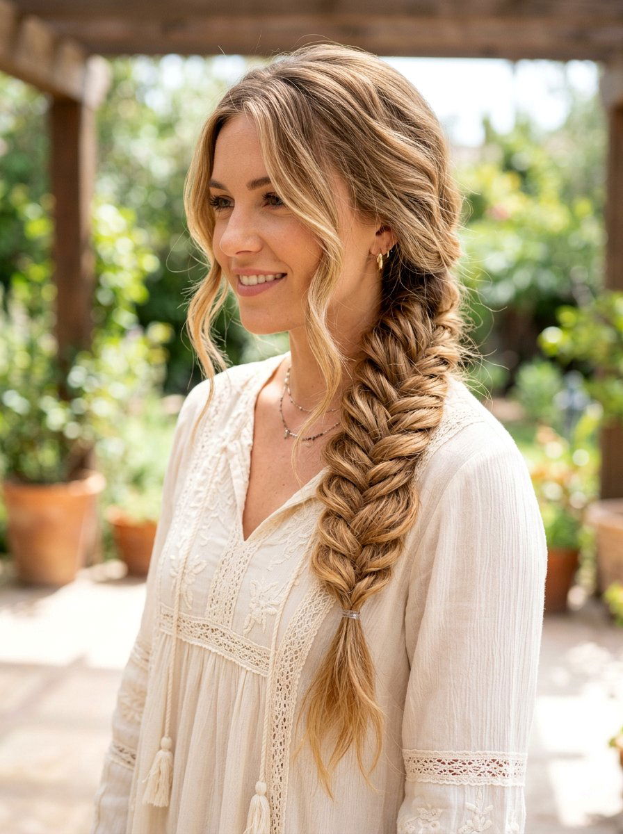 Boho Fishtail Braid - 20 cute hairstyle for brunch with friends - 20 cute hairstyle for brunch with friends