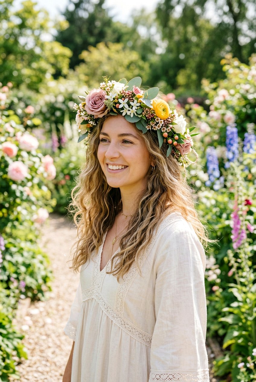 Boho Flower Crown - 20 bridal hairstyle for thick wavy hair - 20 bridal hairstyle for thick wavy hair
