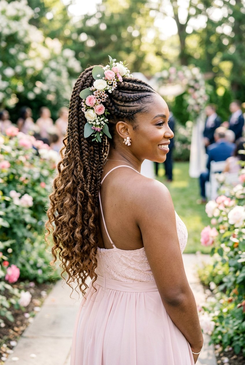 Boho Goddess Braid Ponytail with Flowers - 20 bridesmaid braid ponytail for black women - 20 bridesmaid braid ponytail for black women