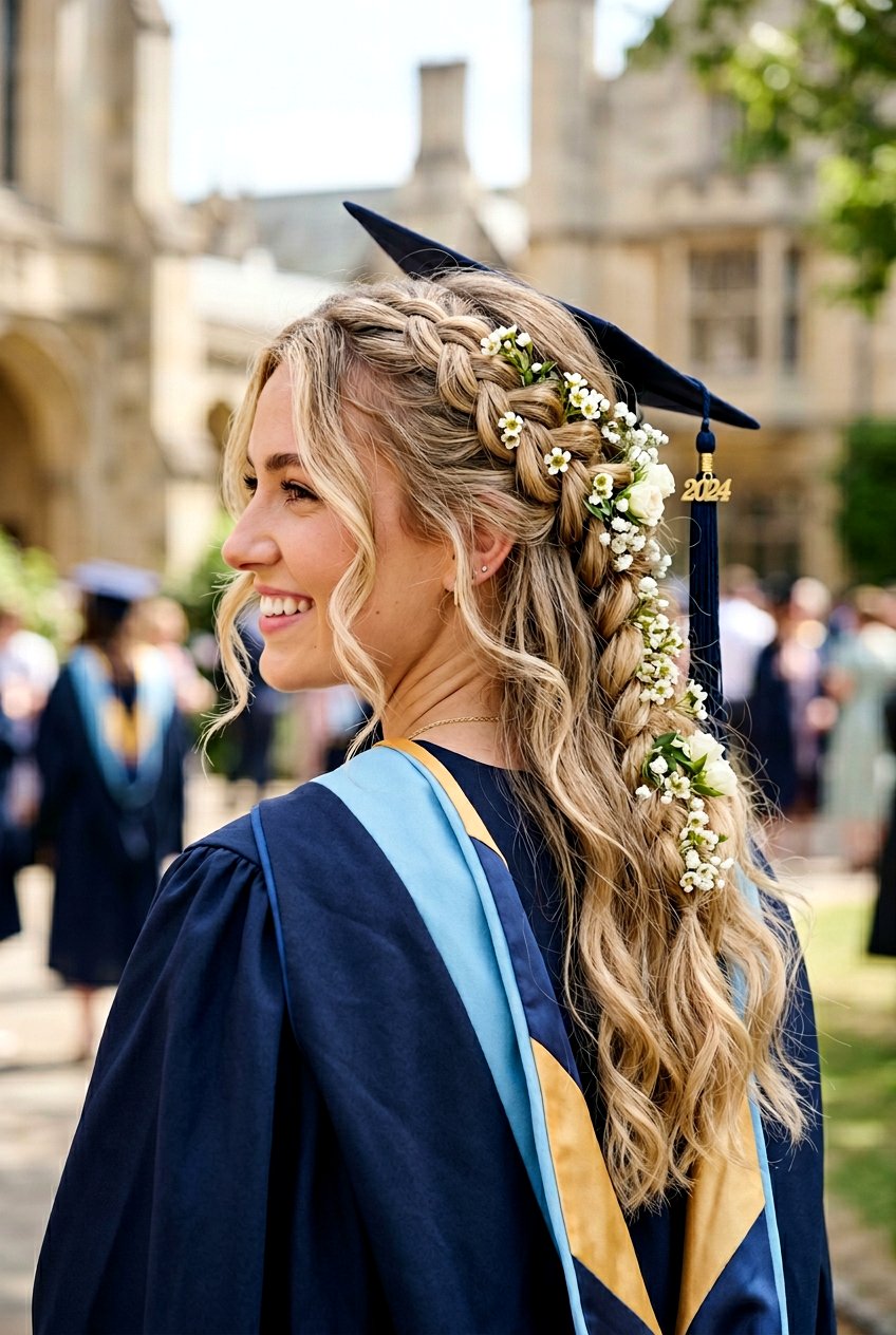 Boho Half Up Braid With Flowers - 20 graduation hairstyle with half up braid - 20 graduation hairstyle with half up braid