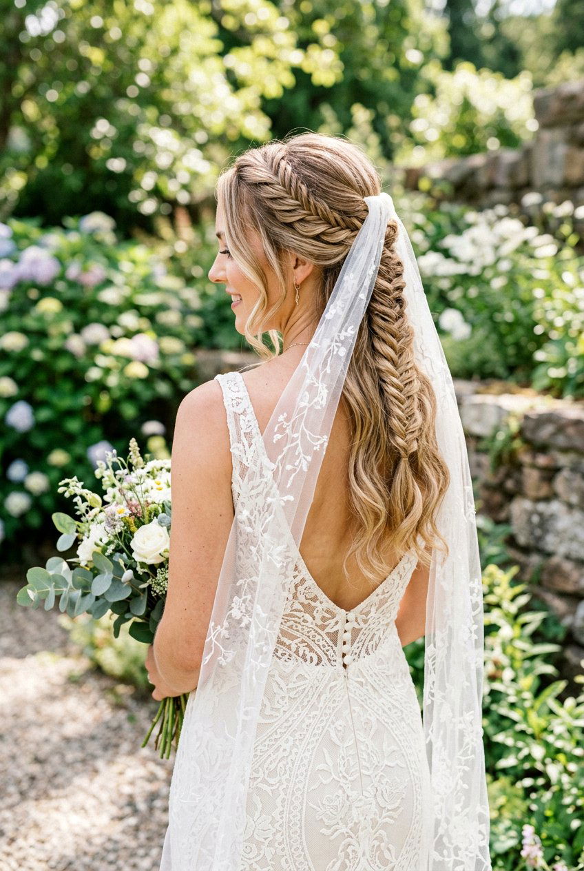 Boho Half Up Fishtail Braid With Soft Veil - 20 bridal half up braid with veil - 20 bridal half up braid with veil