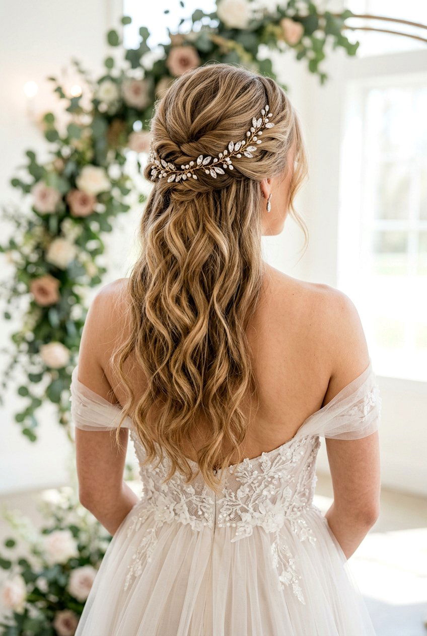 Boho Half Updo With Hair Vine - 20 bohemian wedding hairstyles - 20 bohemian wedding hairstyles