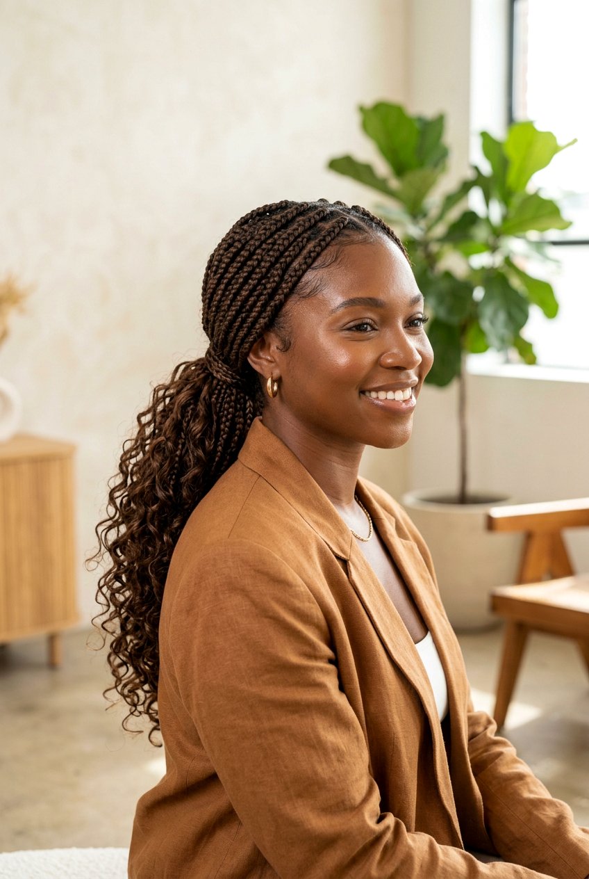 Boho Knotless Braids Low Ponytail - 20 office friendly braided hairstyles for black women - 20 office friendly braided hairstyles for black women