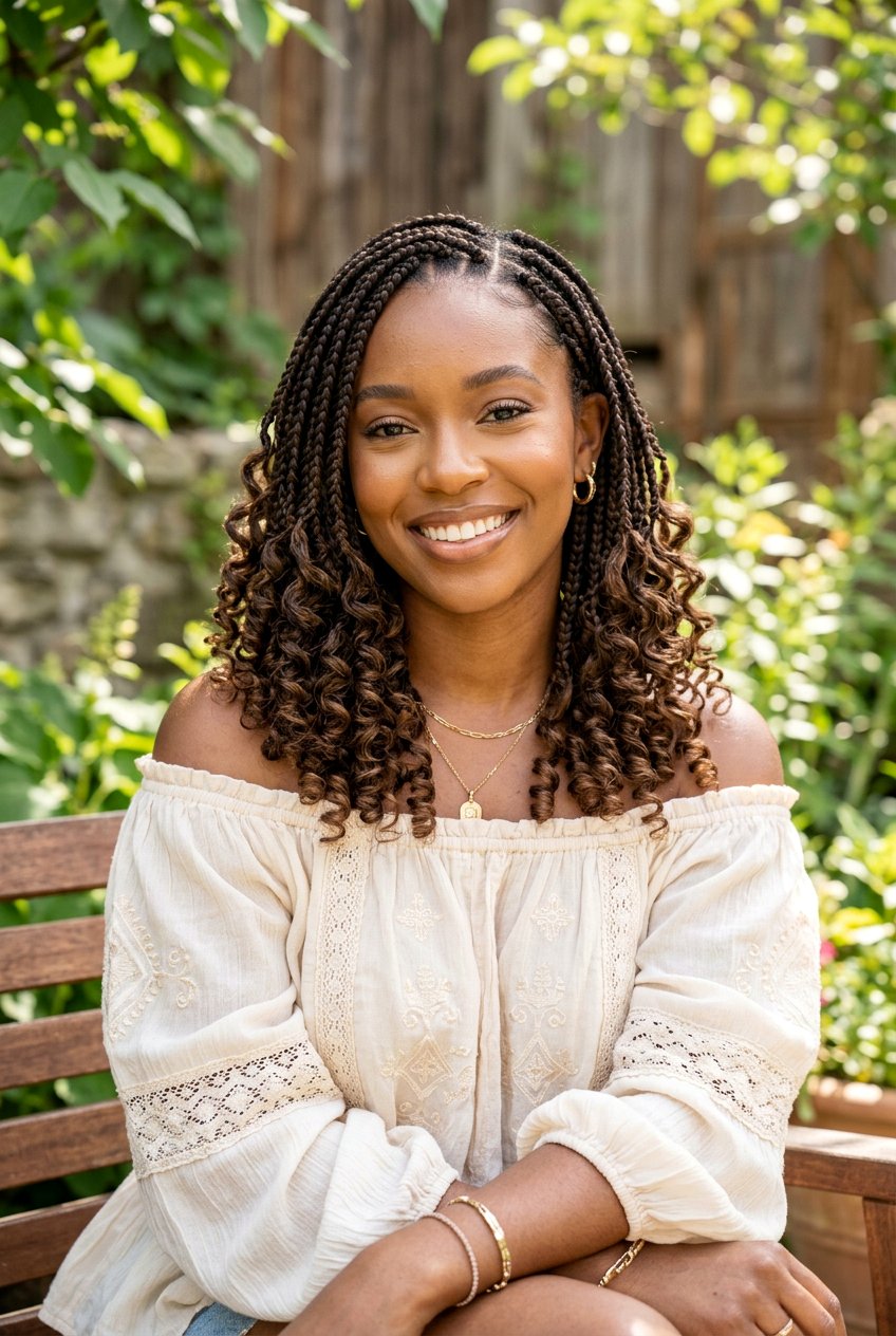 Boho Knotless Braids with Curly Ends at Shoulder Length - 20 protective styles for shoulder length natural hair - 20 protective styles for shoulder length natural hair