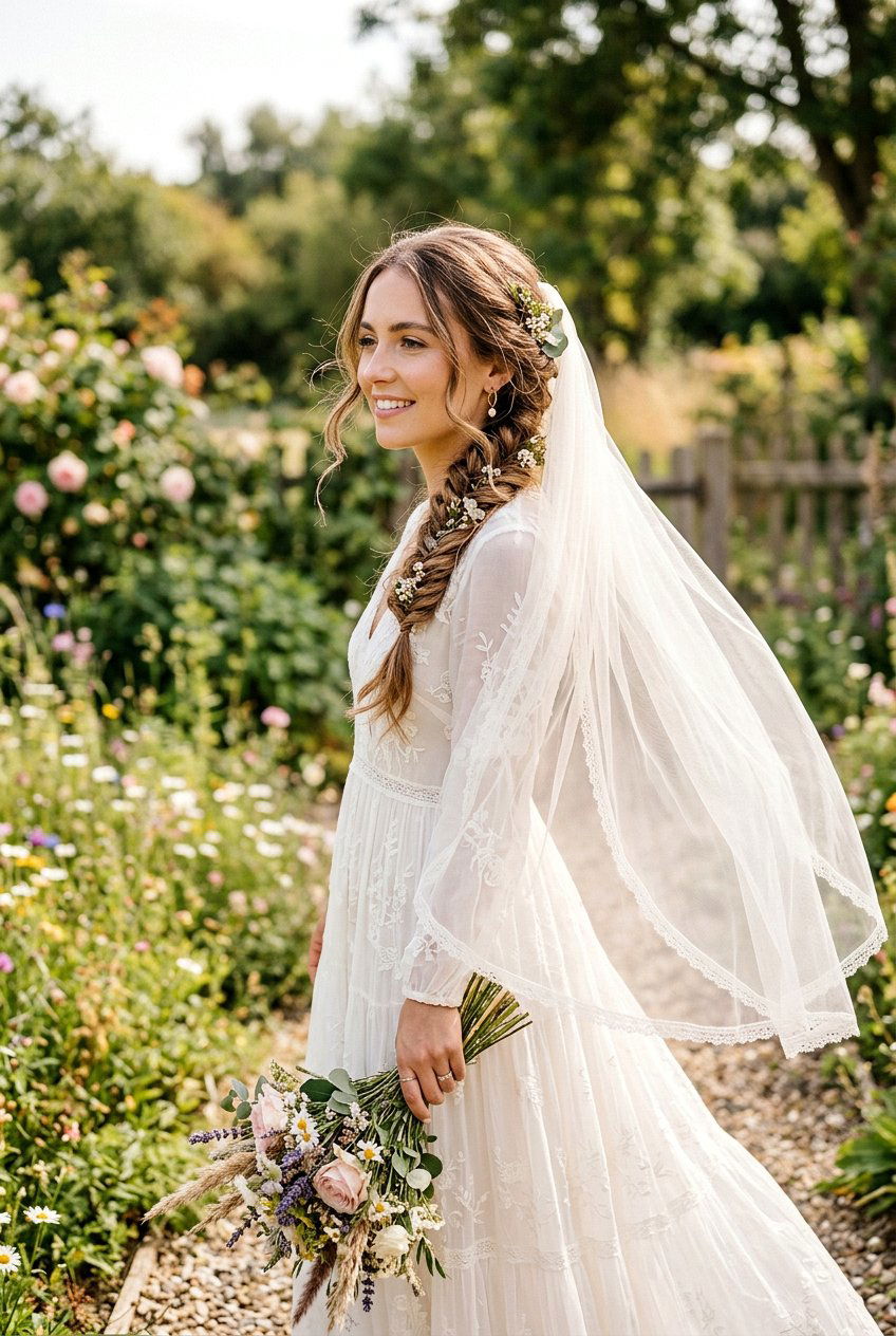 Boho Loose Braid With Veil - 20 bridal hairstyle for thick hair with veil - 20 bridal hairstyle for thick hair with veil