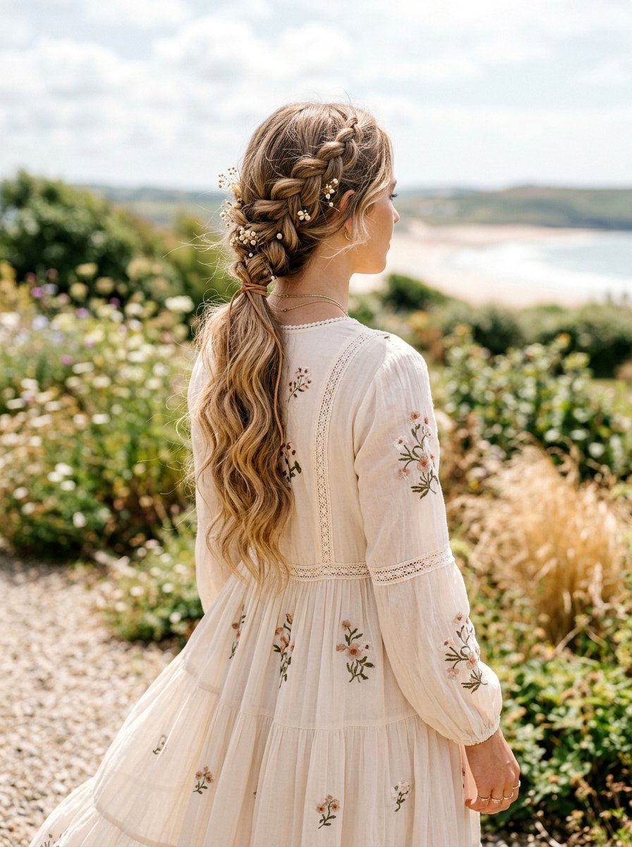 Boho Low Braided Ponytail With Waves - 20 vacation hairstyle with low beach waves - 20 vacation hairstyle with low beach waves