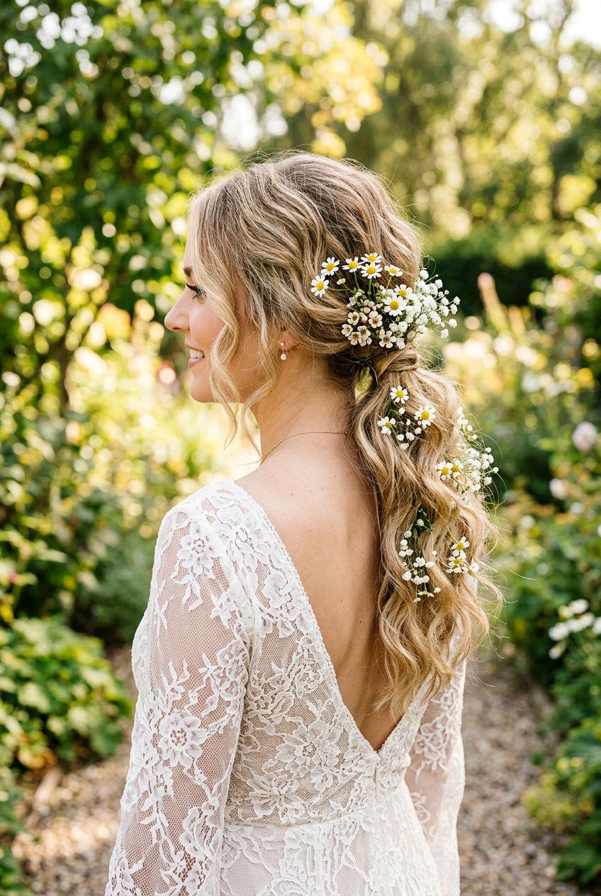 Boho Low Ponytail With Textured Waves And Flowers - 20 bridal low ponytail with waves - 20 bridal low ponytail with waves