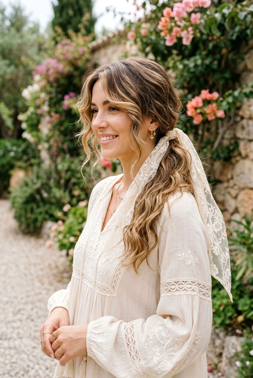 Boho Low Scarf Ponytail With Face Framing Pieces - 20 beach hairstyle with low scarf ponytail - 20 beach hairstyle with low scarf ponytail