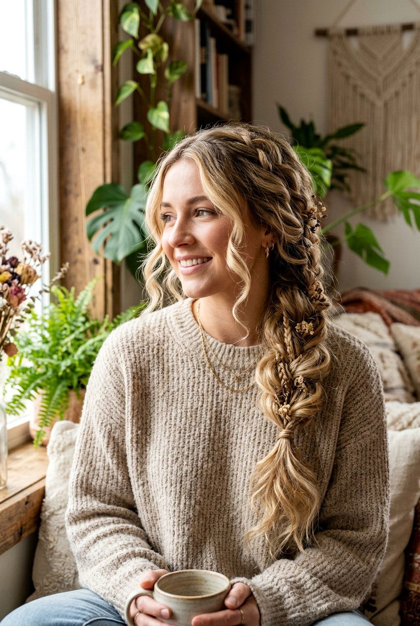 Boho Side Braid With Curls - 20 boho braid hairstyle with curls - 20 boho braid hairstyle with curls