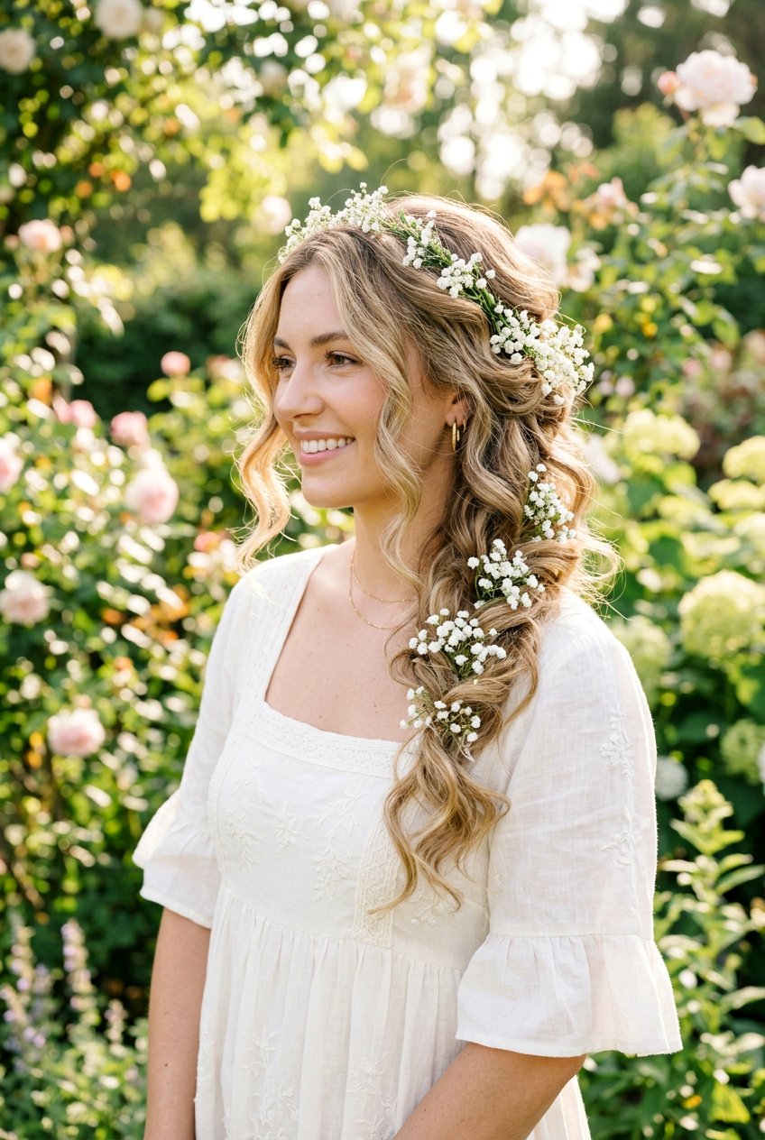 Boho Side Curls With Flowers - 20 birthday hairstyle with side curls - 20 birthday hairstyle with side curls