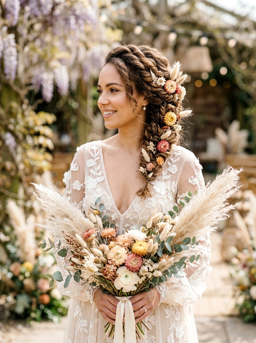 Boho Twist With Dried Flowers - 20 wedding hairstyles with flowers - 20 wedding hairstyles with flowers