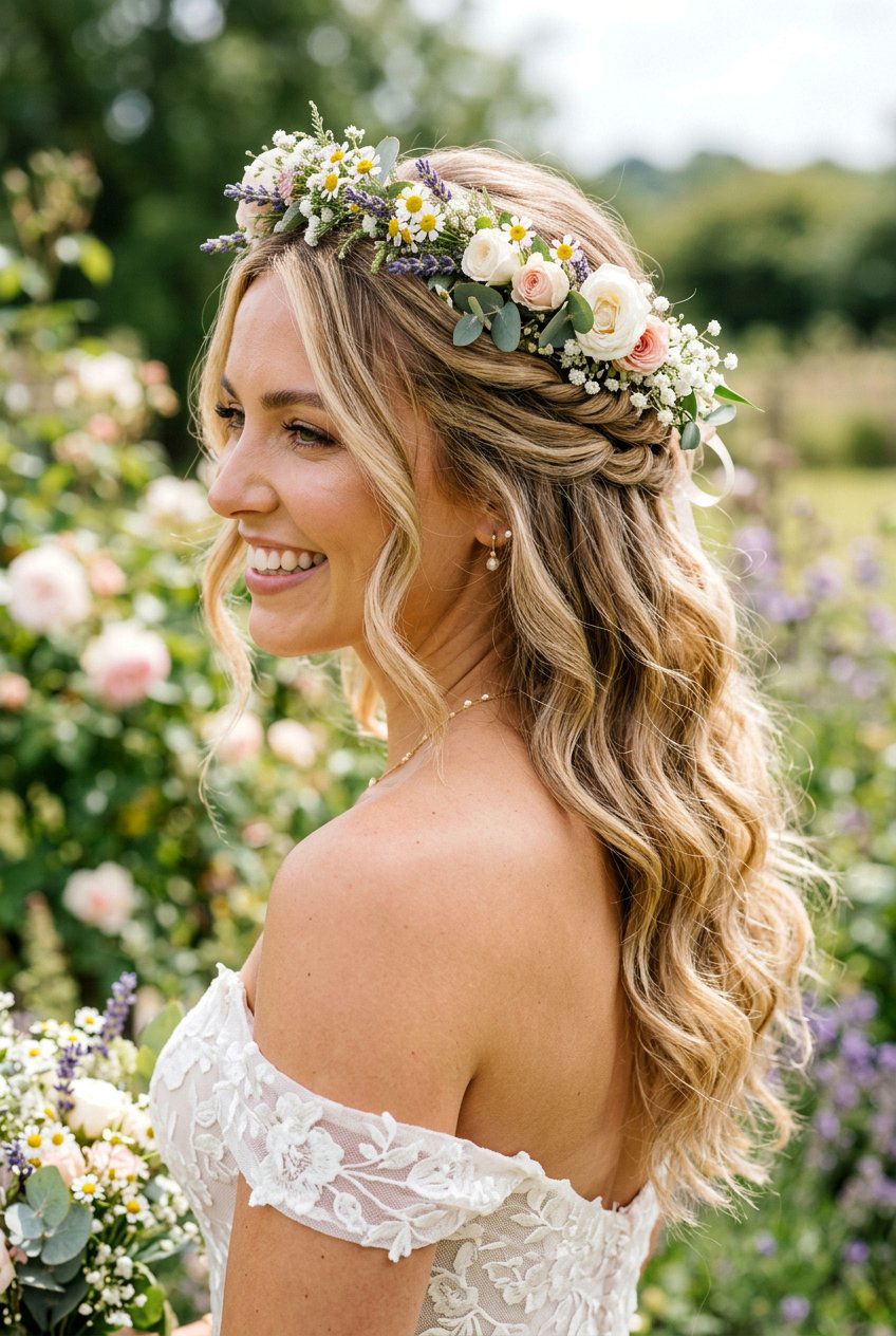 Boho Twisted Crown Braid Half Up - 20 bridal half up with braid crown - 20 bridal half up with braid crown