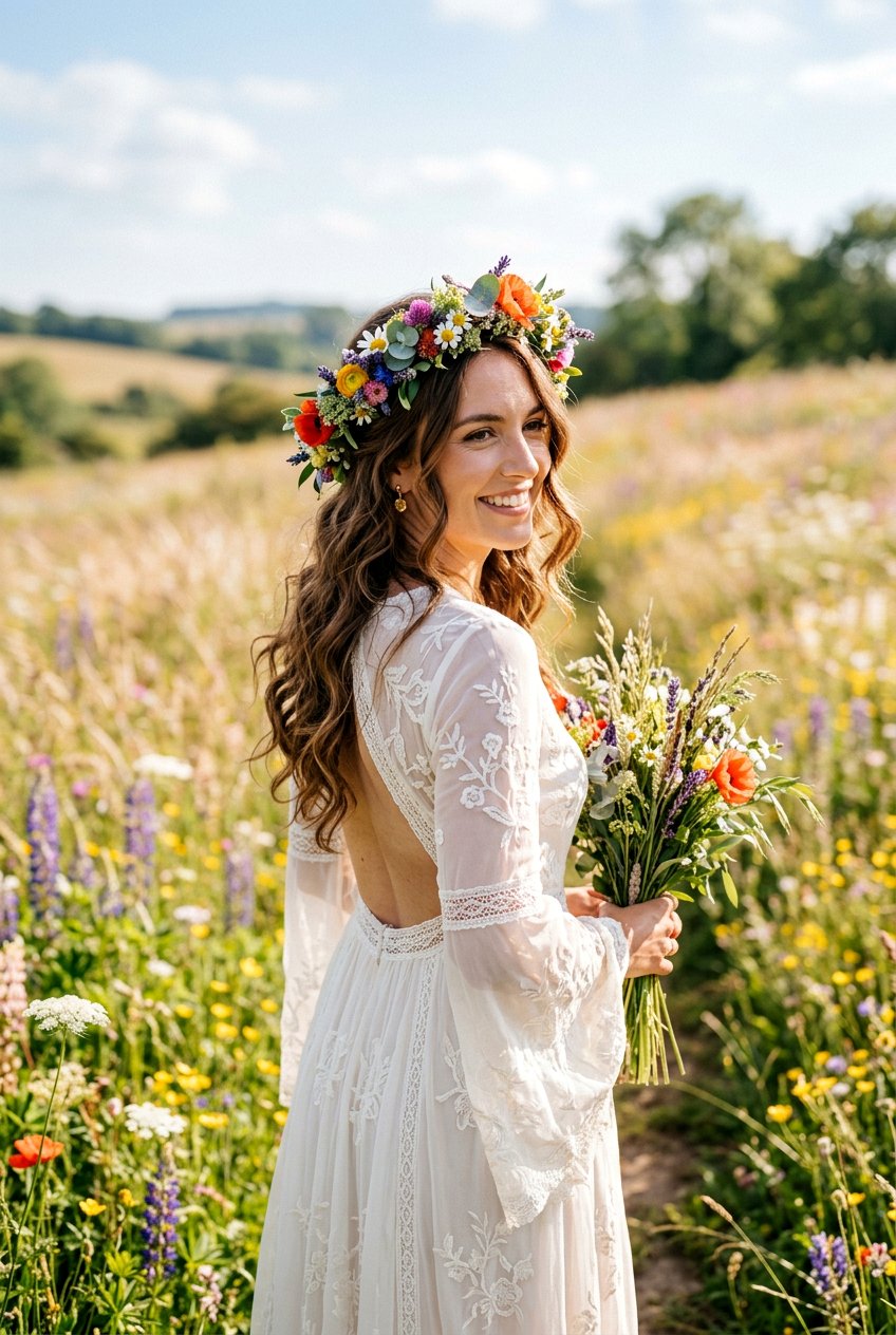 Boho Wedding Hair With Wildflower Crown - 20 bohemian wedding hairstyles - 20 bohemian wedding hairstyles