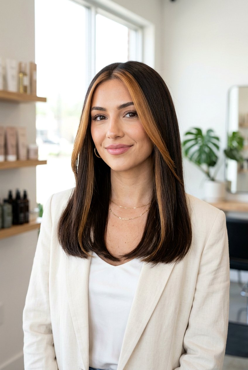 Bold Caramel Money Piece on Dark Brown Hair - 20 brunette hair with caramel money piece - 20 brunette hair with caramel money piece