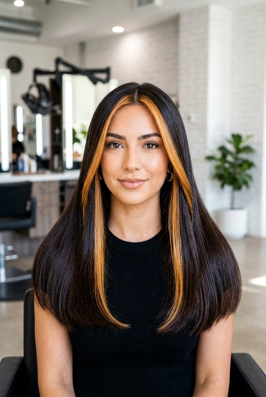 Bold Caramel Money Piece - 20 caramel face framing highlights on brunette hair - 20 caramel face framing highlights on brunette hair