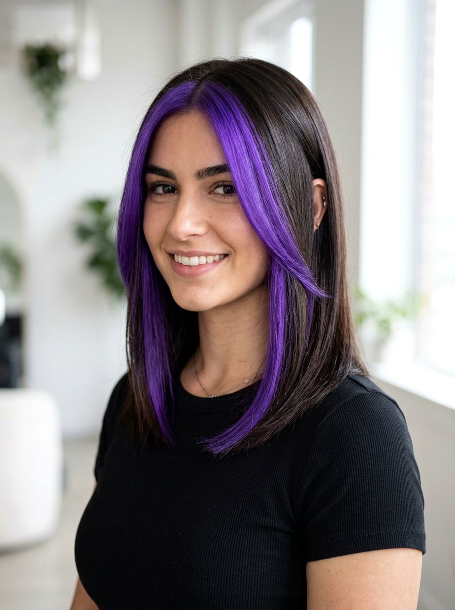 Bold Chunky Purple Money Piece On Dark Brown Hair - 20 purple money piece on dark hair - 20 purple money piece on dark hair