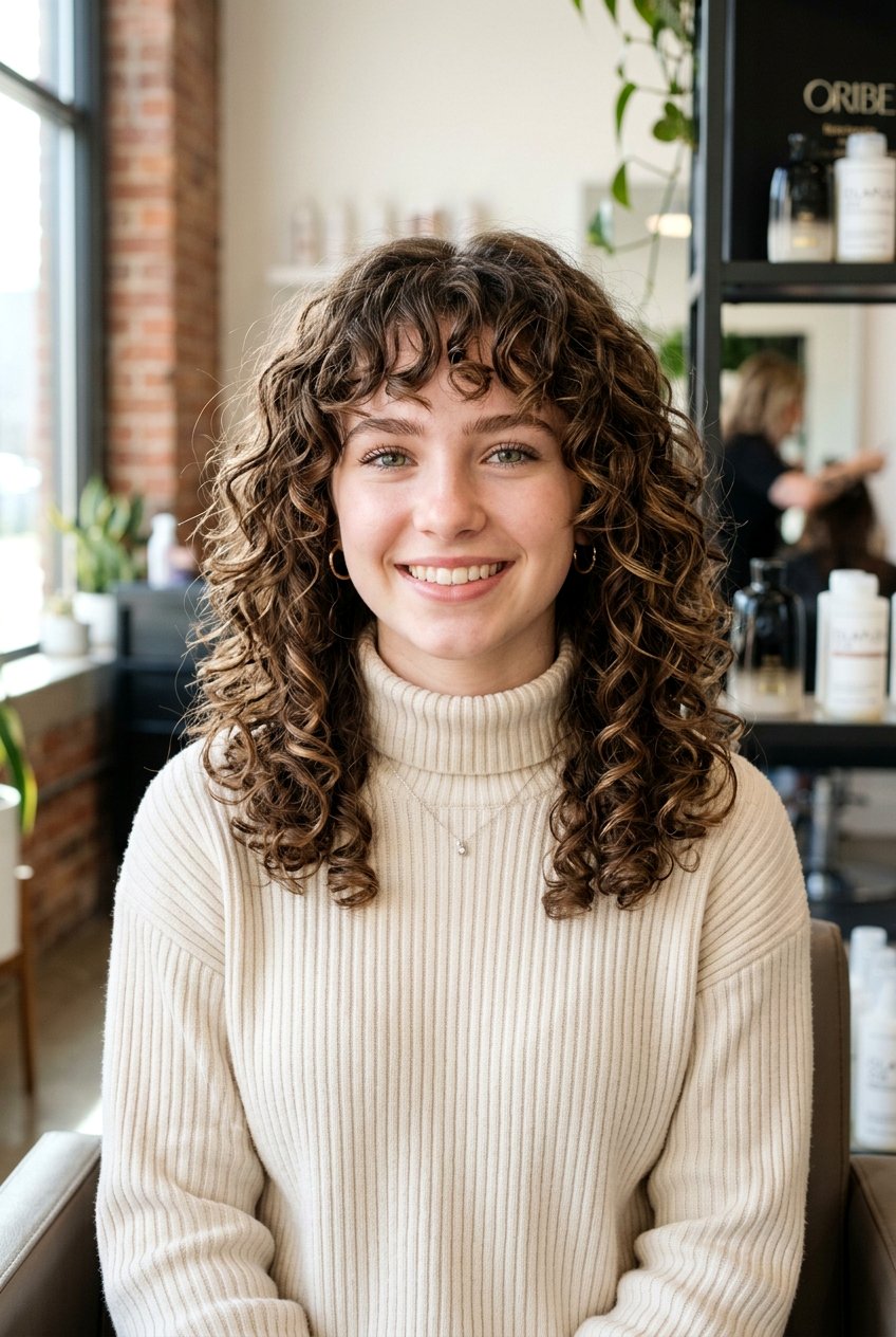 Bottleneck Bangs With Curly Layers - 20 curly haircut for teenage girls with bangs - 20 curly haircut for teenage girls with bangs