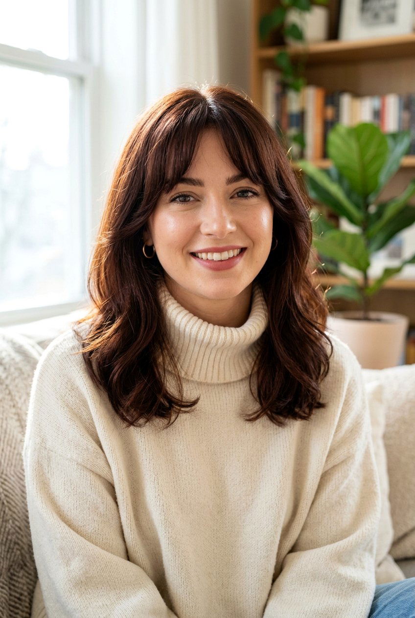 Bottleneck Bangs With Mid Length Hair - 20 wispy fringe with shoulder length hair - 20 wispy fringe with shoulder length hair