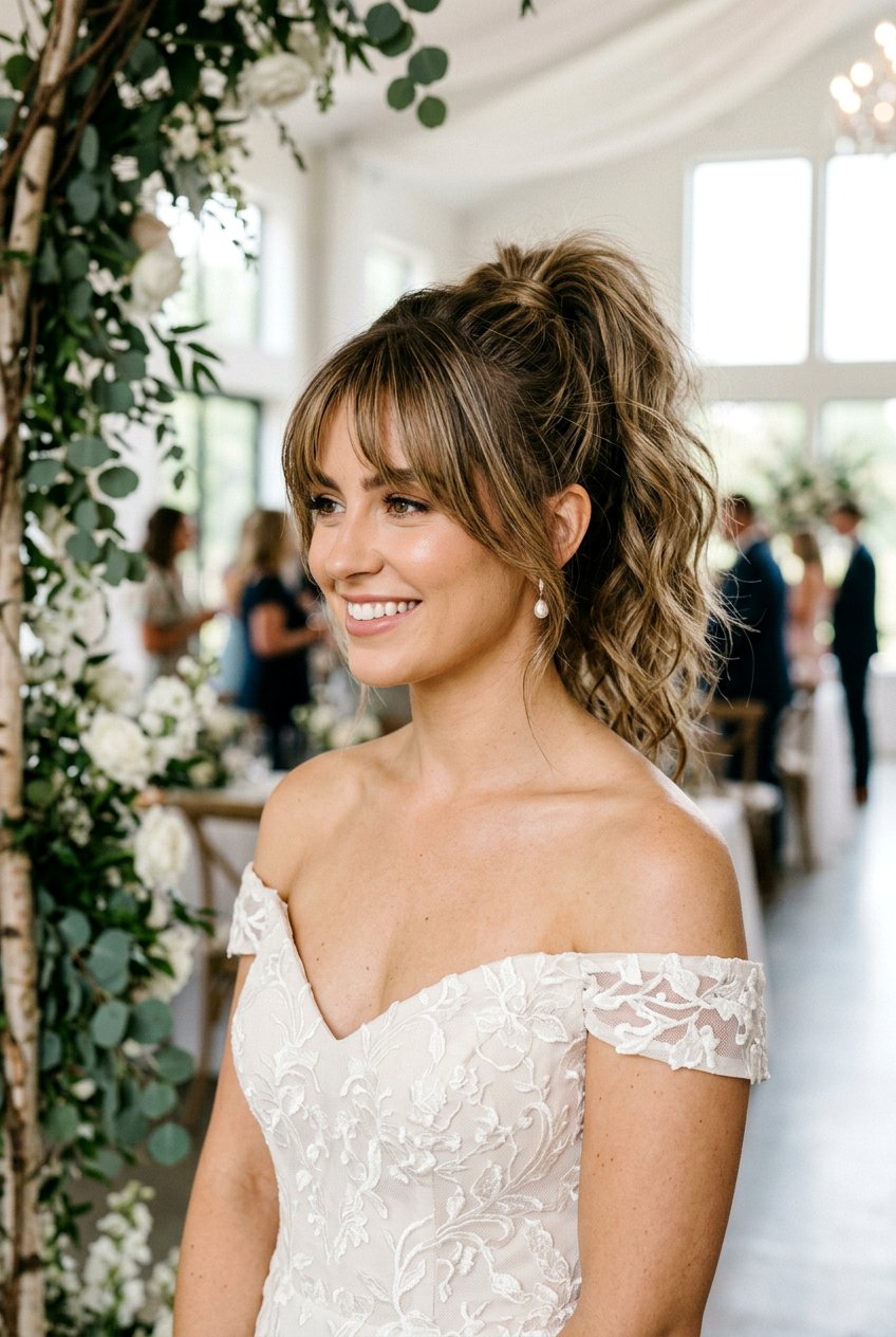 Bottleneck Bangs With Textured Ponytail - 20 bridal hairstyle for women with bangs - 20 bridal hairstyle for women with bangs