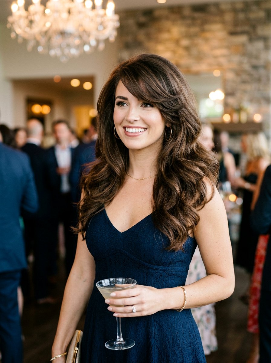 Bouncy Blowout With Side Swept Bangs - 20 party hairstyle with bouncy blowout - 20 party hairstyle with bouncy blowout