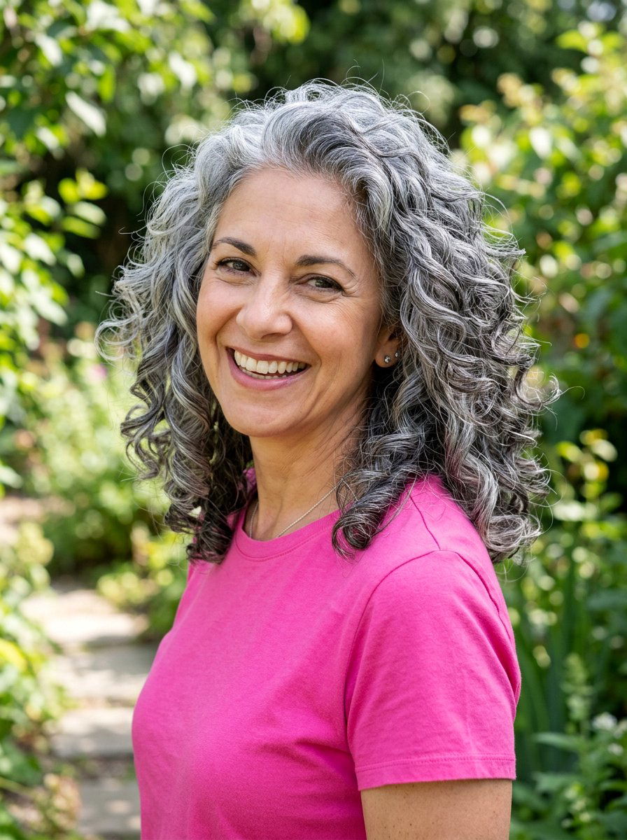 Bouncy Shoulder Length Gray Curls - 20 shoulder length gray curls for older women - 20 shoulder length gray curls for older women