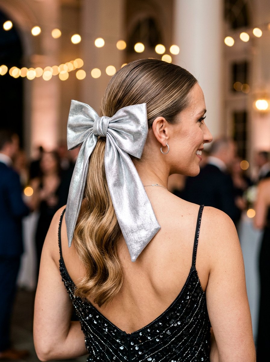 Bow Tie Ponytail With Silver Ribbon - 20 silver ribbons for shoulder length hair - 20 silver ribbons for shoulder length hair