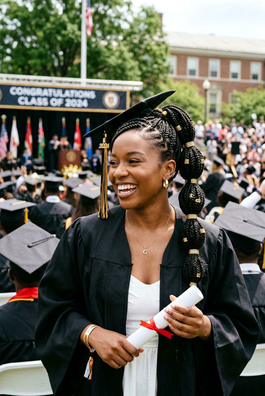 Box Braid Bubble Ponytail with Gold Rings - 20 graduation braid ponytail for black girls - 20 graduation braid ponytail for black girls