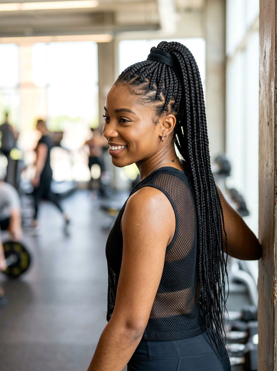 Box Braid Ponytail - 20 workout hairstyle for shoulder length layers - 20 workout hairstyle for shoulder length layers