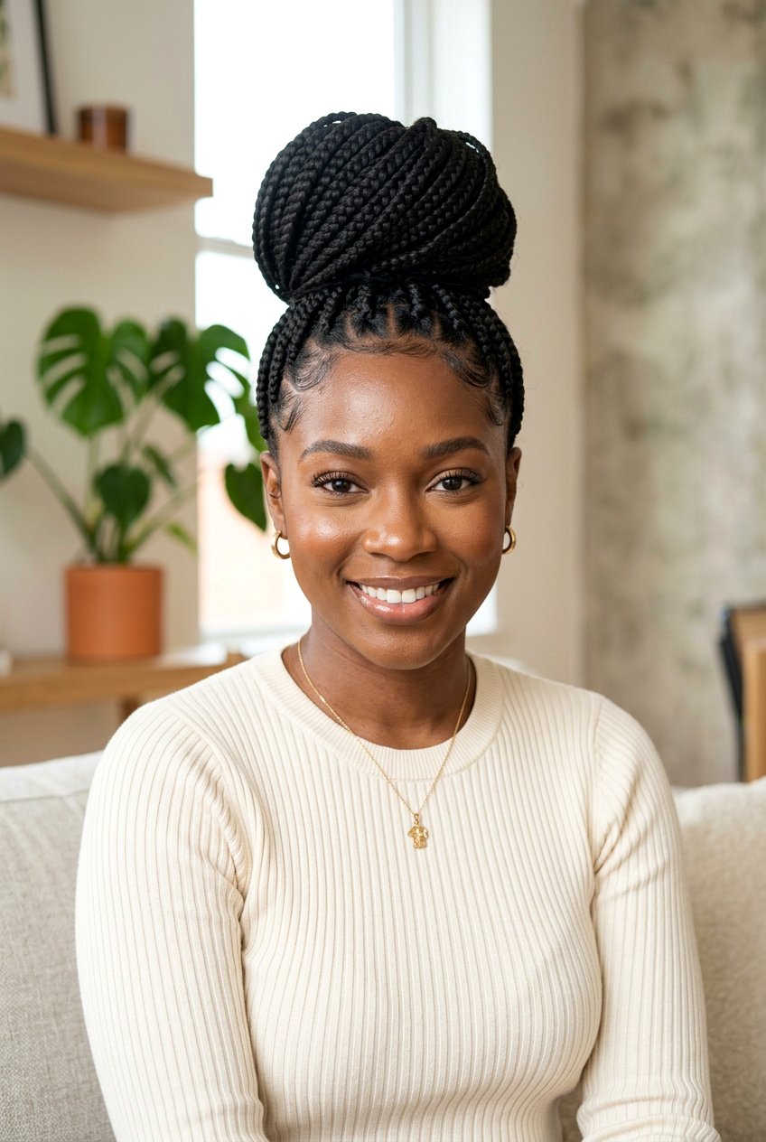 Box Braids High Bun on Natural Hair - 20 protective styles for shoulder length natural hair - 20 protective styles for shoulder length natural hair