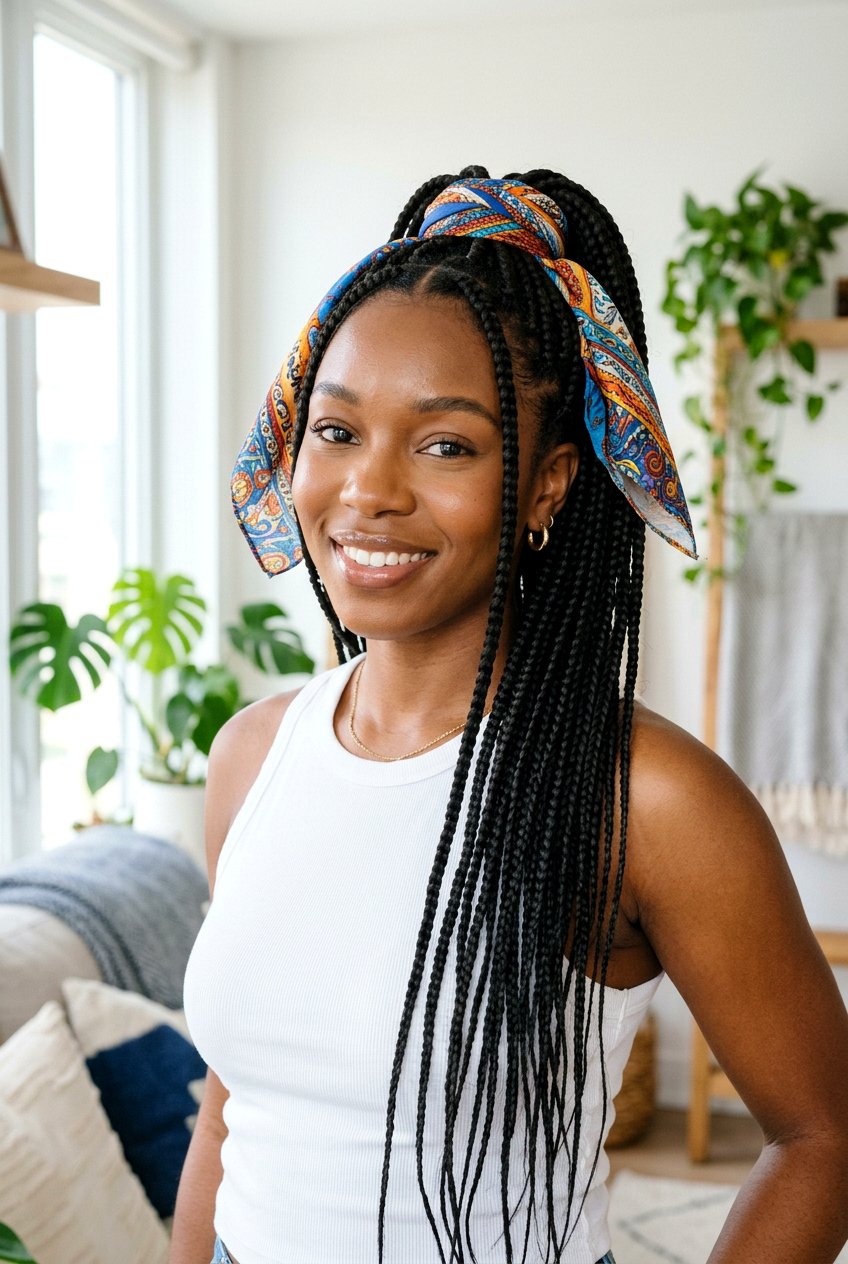 Box Braids Ponytail With Scarf - 20 braided scarf hairstyle - 20 braided scarf hairstyle