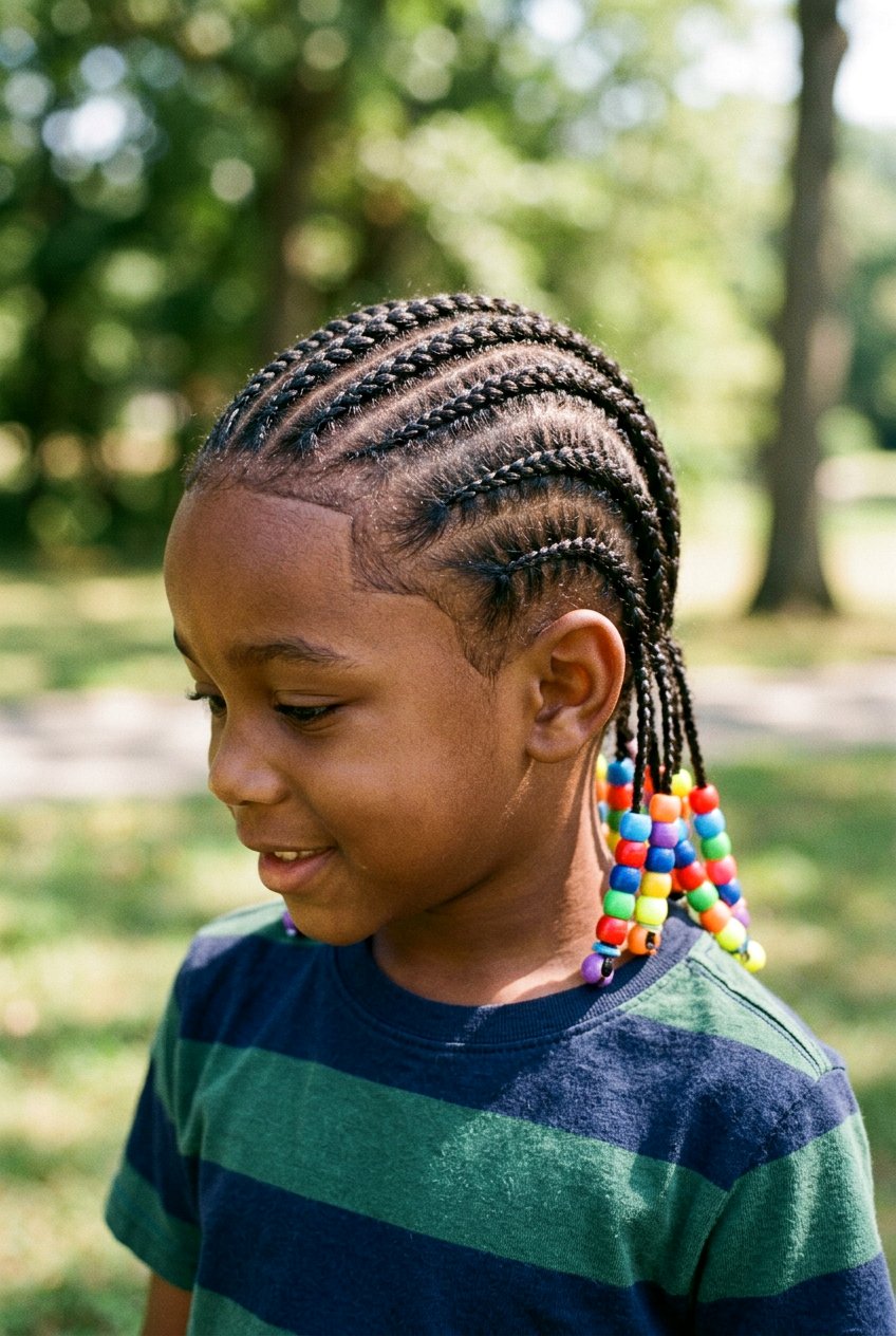 Box Braids with Wooden Beads and Fade Sides - 20 little boys braids with beads - 20 little boys braids with beads