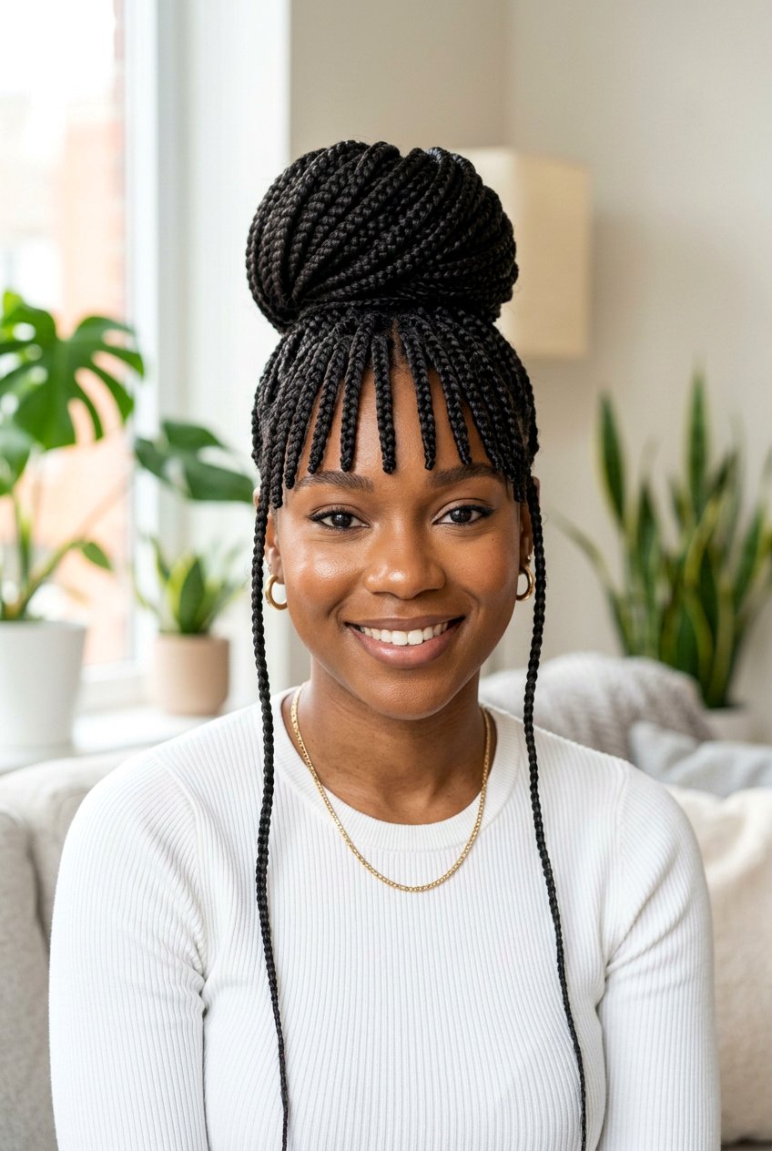 Box braids bun with bangs - 20 box braids bun hairstyle - 20 box braids bun hairstyle