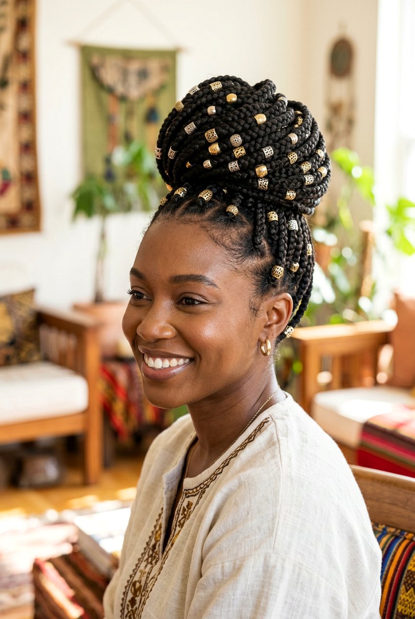 Box braids bun with beads - 20 box braids bun hairstyle - 20 box braids bun hairstyle