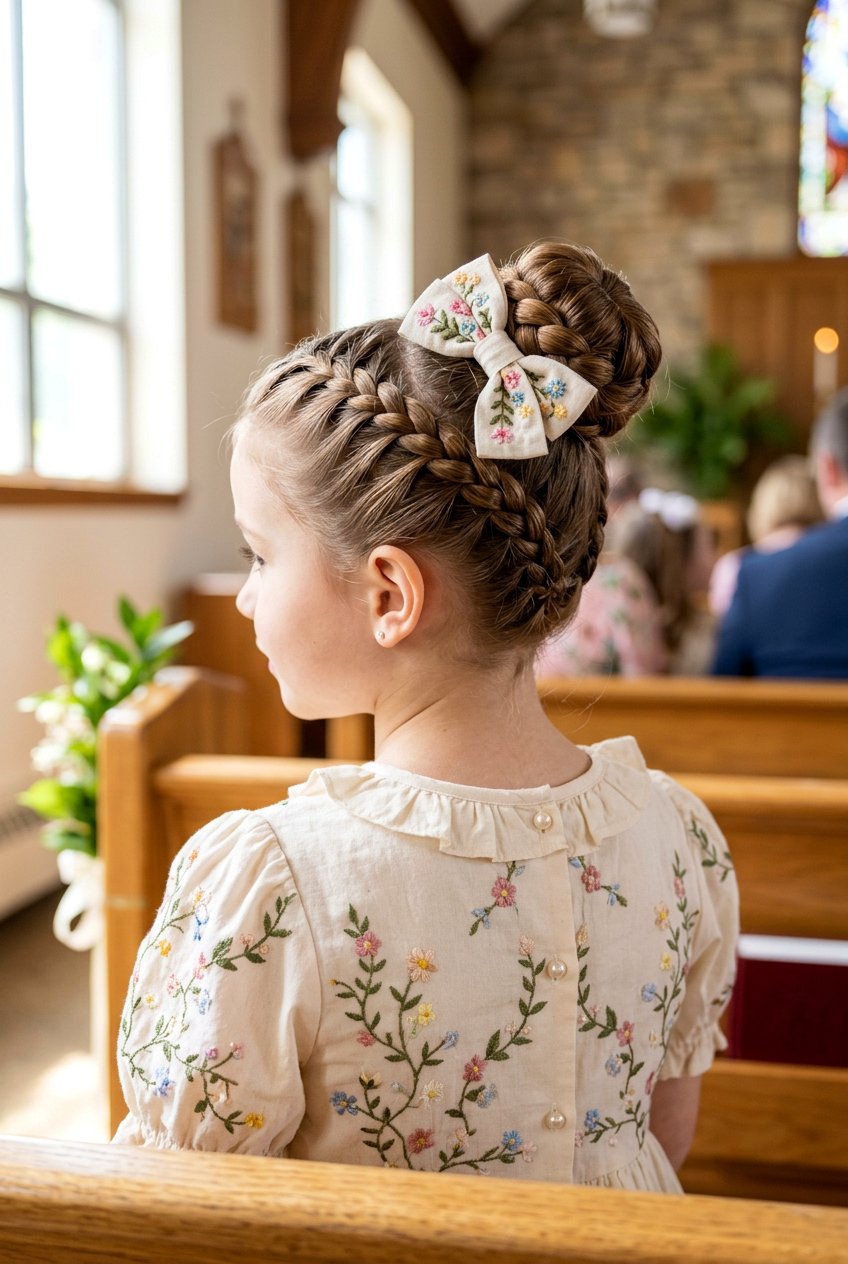 Braid To Bun With Bow - 20 easter hairstyles for little girls with bows - 20 easter hairstyles for little girls with bows