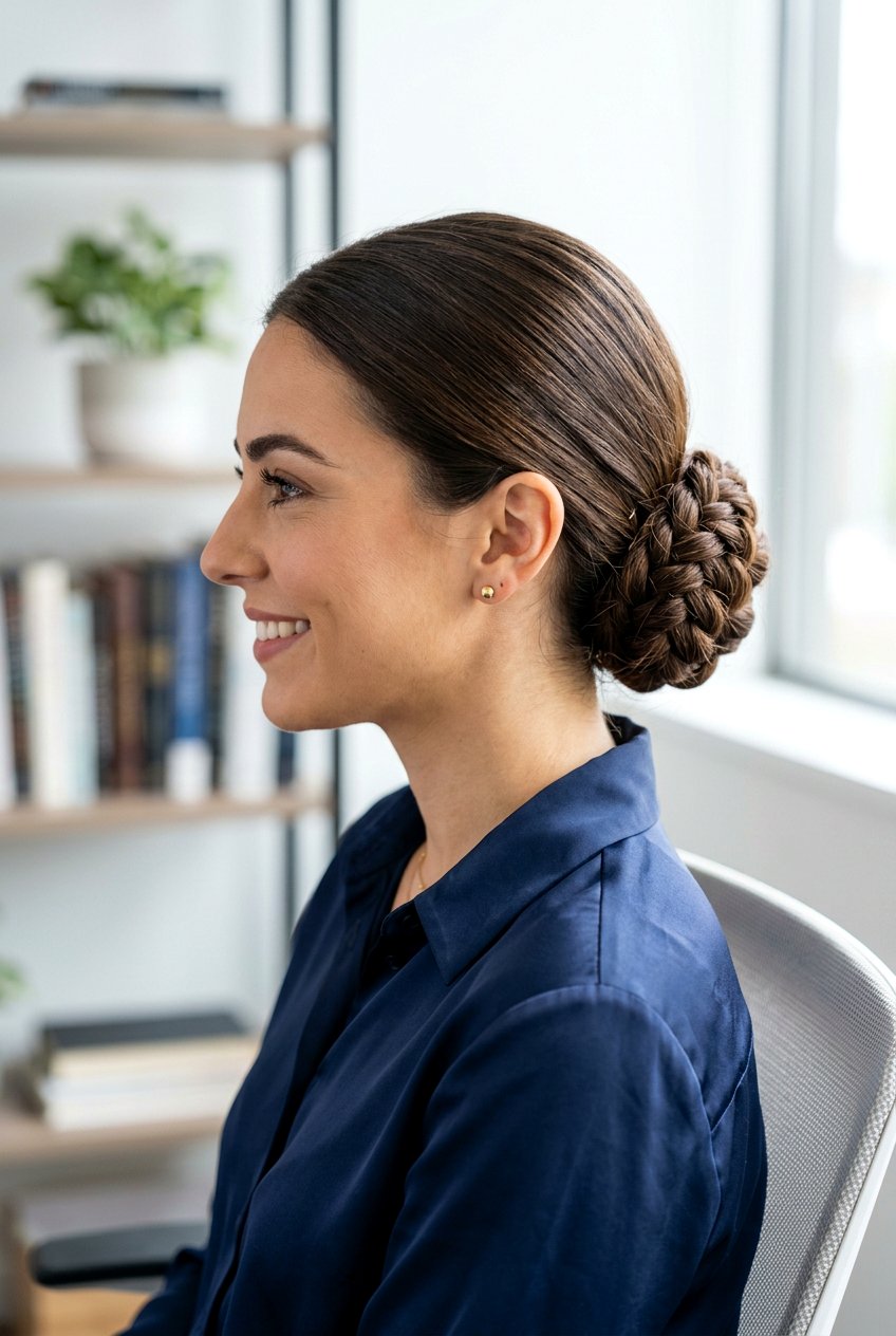 Braided Base Low Bun - 20 minimalist office bun hairstyle - 20 minimalist office bun hairstyle